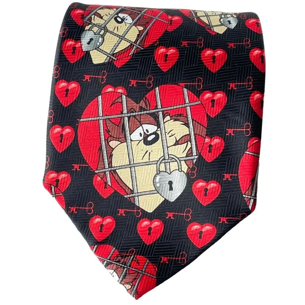 Vintage Looney Tunes Necktie Black Tasmanian Devil Love Heart Polyester Mens Tie